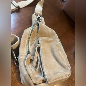 Free People Hudson Mineral Beige Suede Leather Sling Bag EUC
